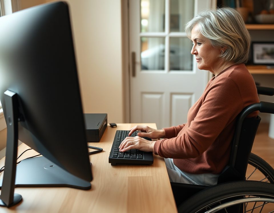 A wheelchair user working at a home computer desk.