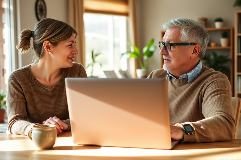 Two adults talking beside a laptop at a home desk.