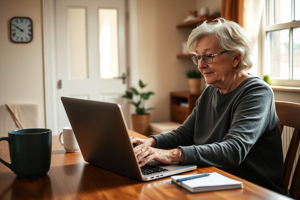 A woman using a laptop at a kitchen table.