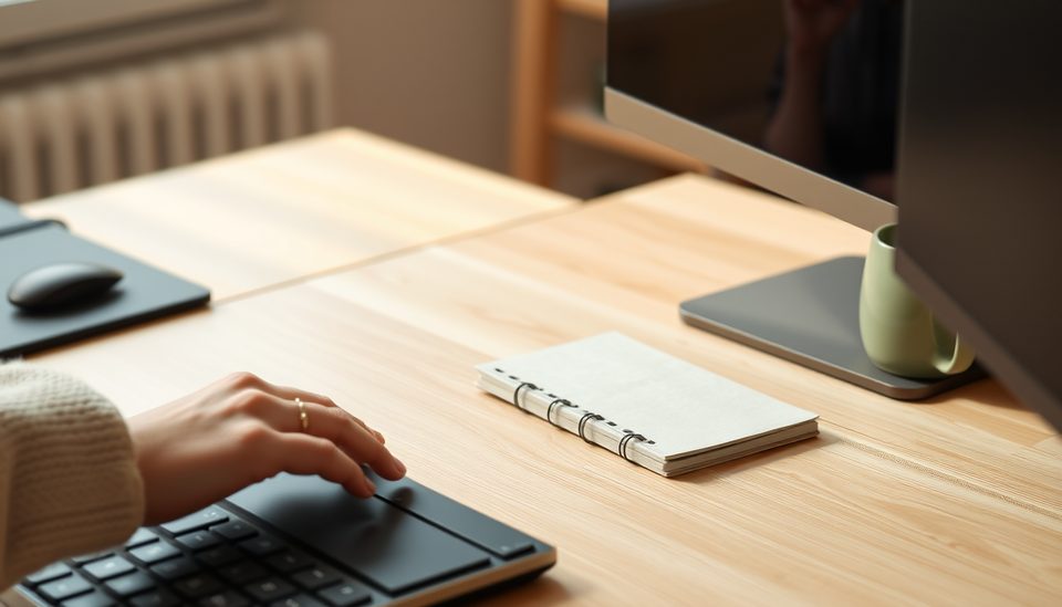 A keyboard and notebook on a sunlit desk.